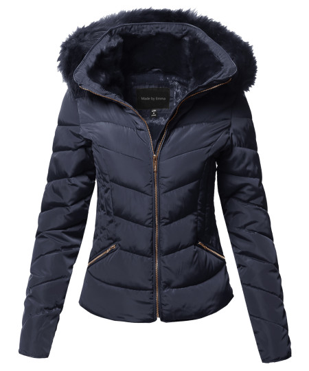 Women's Casual Solid Slim Fit Detachable Hoodie Puffer Jacket