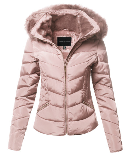 Women's Casual Solid Slim Fit Detachable Hoodie Puffer Jacket