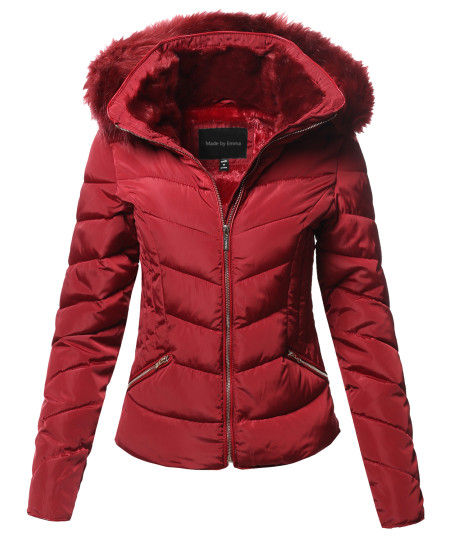 Women's Casual Solid Slim Fit Detachable Hoodie Puffer Jacket