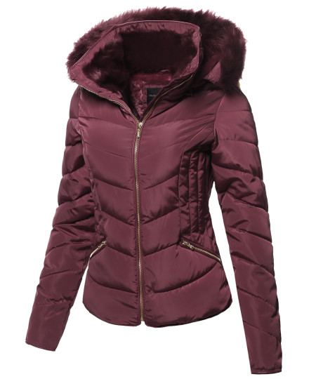 Women's Casual Solid Slim Fit Detachable Hoodie Puffer Jacket