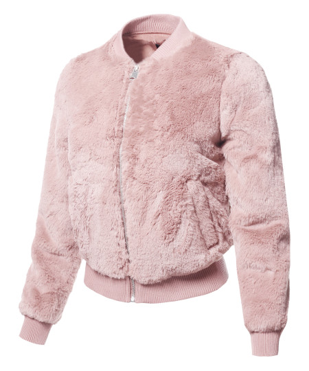 Women's  Long Sleeves Faux Fur Bomber Jacket with Pockets