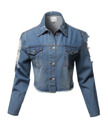 Women's Casual Sexy Ripped Distressed Long Sleeve Cropped Denim Jacket