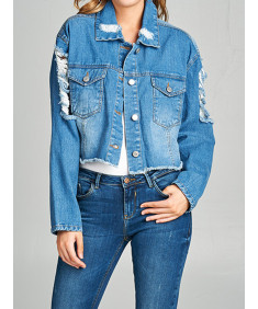 Women's Casual Sexy Ripped Distressed Long Sleeve Cropped Denim Jacket