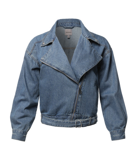 Women's Casual Notched Lapel Asymmetric Zip Moto Oversize Denim Jacket