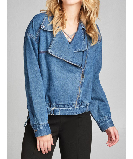 Women's Casual Notched Lapel Asymmetric Zip Moto Oversize Denim Jacket