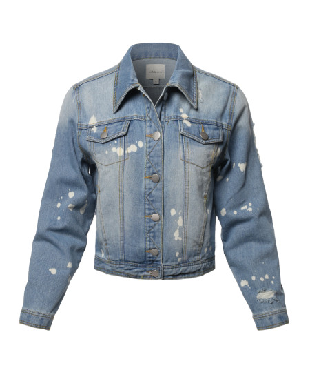 Women's Casual Distressed Bleach Spot Chest Two pockets Denim Jacket