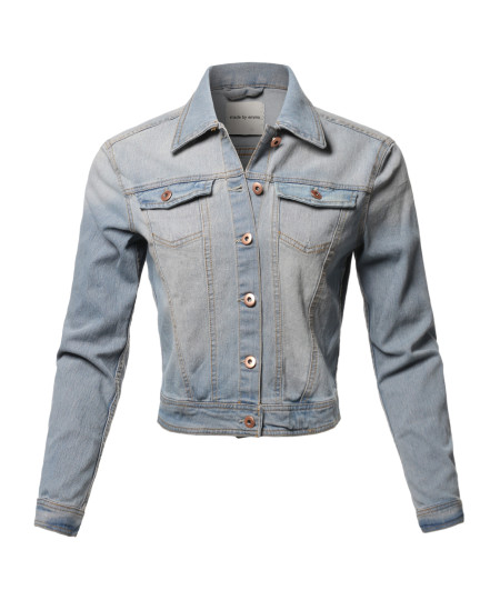 Women's Casual Classic Rose Gold Button Chest Two pockets Denim Jacket