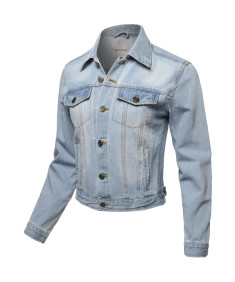 Women's Casual Classic Chest and Side Two pockets Denim Jacket