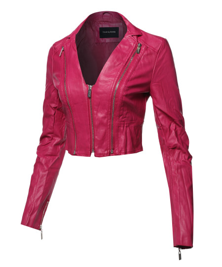 Women's Casual Stylish Trendy Zipper Cropped Leather Motorcycle Jacket