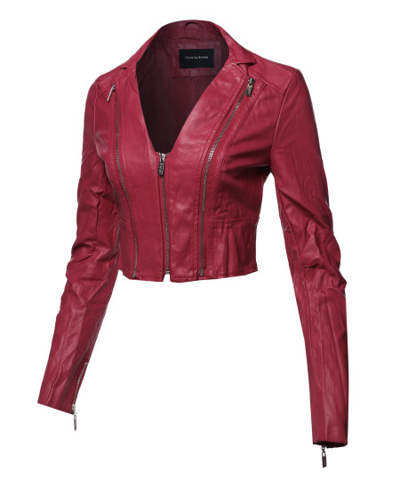Women's Casual Stylish Trendy Zipper Cropped Leather Motorcycle Jacket