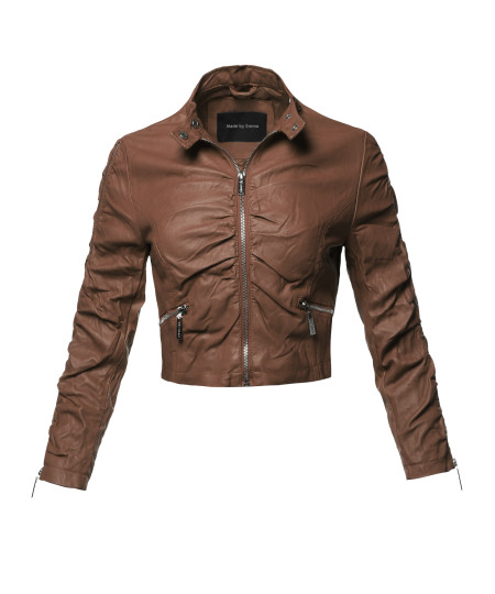 Women's Casual Stylish Trendy Bomber Cropped Leather Motorcycle Jacket