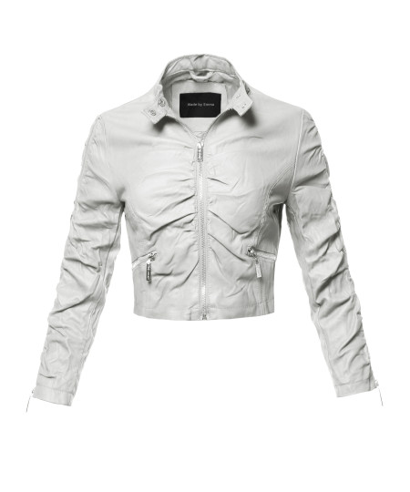 Women's Casual Stylish Trendy Bomber Cropped Leather Motorcycle Jacket