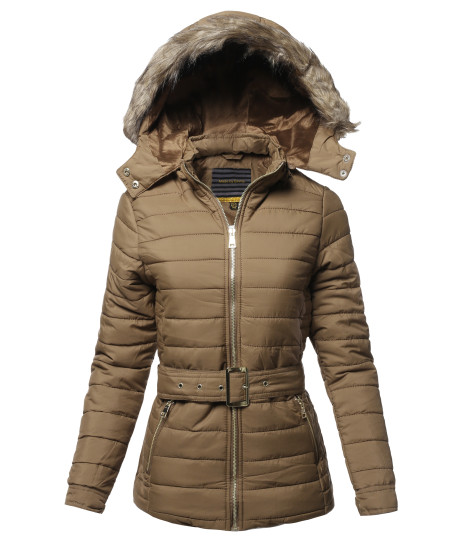 Women's Casual Fashionable Detachable Fur Trim Hoodie Belted Puffer Jacket