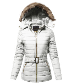 Women's Casual Fashionable Detachable Fur Trim Hoodie Belted Puffer Jacket