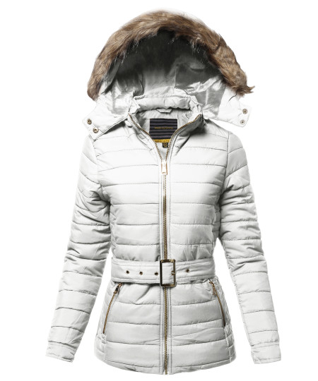 Women's Casual Fashionable Detachable Fur Trim Hoodie Belted Puffer Jacket