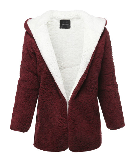 Women's Casual Oversized Hooded  Faux Fluffy Reversible Cardigan Jacket Coat Outwear