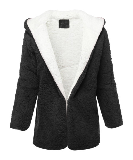 Women's Casual Oversized Hooded  Faux Fluffy Reversible Cardigan Jacket Coat Outwear