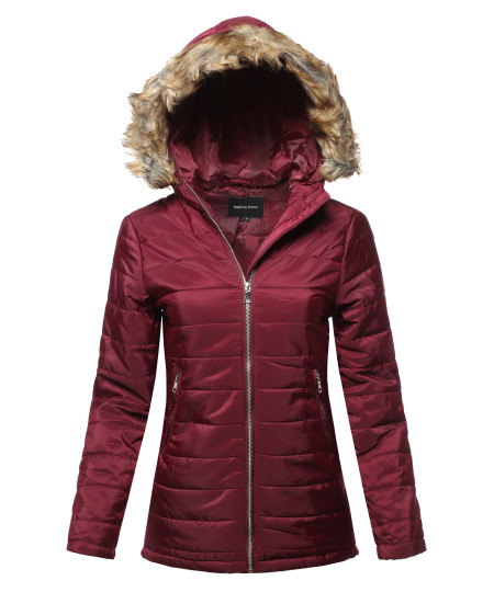 Women's Casual Long Sleeve Quilted Padding Jacket with Detachable Faux Fur Hoodie