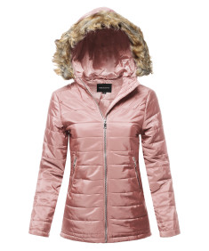 Women's Casual Long Sleeve Quilted Padding Jacket with Detachable Faux Fur Hoodie