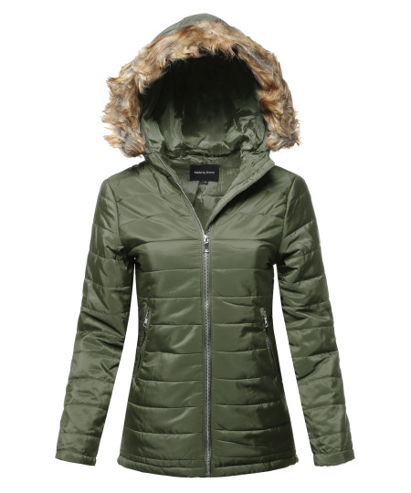 Women's Casual Long Sleeve Quilted Padding Jacket with Detachable Faux Fur Hoodie