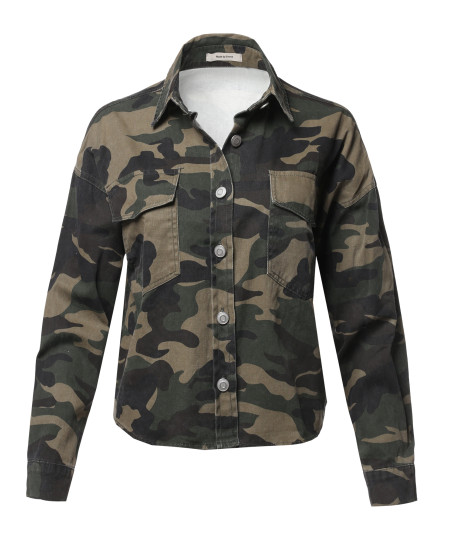 Women's Casual Front Pocket Military Crop Camouflage Shirt Jacket