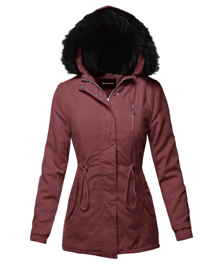 Women's Casual Long Sleeve Hooded War Winter Faux Fur Lined Parka Outdoor Jacket