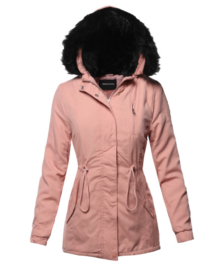 Women's Casual Long Sleeve Hooded War Winter Faux Fur Lined Parka Outdoor Jacket