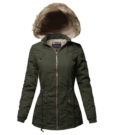 Women's Hooded Warm Long Coats Faux Fur Fleece Lined Parka Outdoor Jackets
