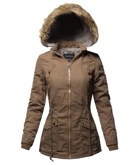 Women's Hooded Warm Long Coats Faux Fur Fleece Lined Parka Outdoor Jackets