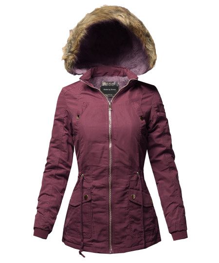 Women's Hooded Warm Long Coats Faux Fur Fleece Lined Parka Outdoor Jackets