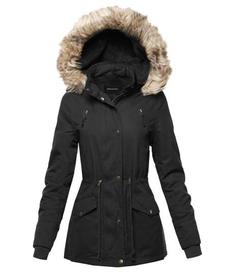 Women's Hooded Warm Long Coats Faux Fur Fleece Lined Parka Outdoor Jackets