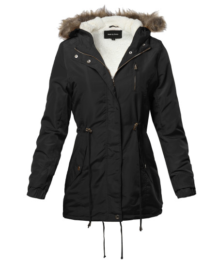 Women's Hooded Warm Long Coats Faux Fur Fleece Lined Parka Outdoor Jackets