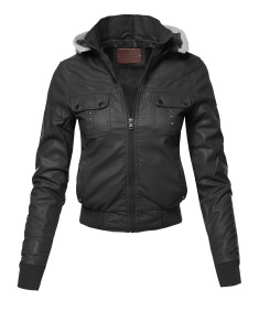 Women's Casual Fur lining Faux Leather Bomber Jacket