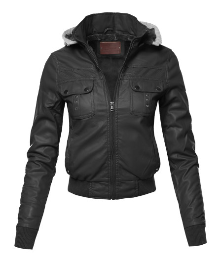Women's Casual Fur lining Faux Leather Bomber Jacket