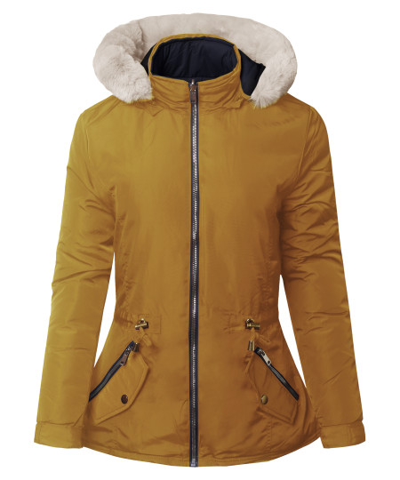 Women's Casual Reversible with Detachable Faux Fur Hoodie Packable Puffer Jacket