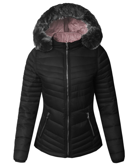 Women's Casual Reversible with Detachable Faux Fur Hoodie Packable Puffer Jacket