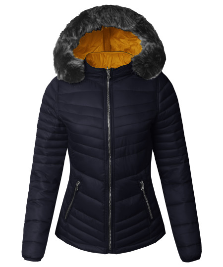 Women's Casual Reversible with Detachable Faux Fur Hoodie Packable Puffer Jacket