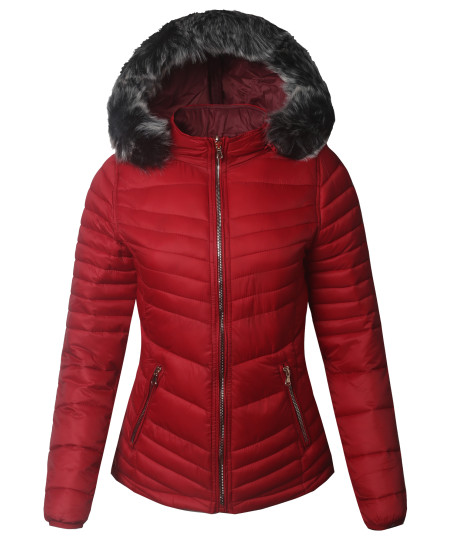 Women's Casual Reversible with Detachable Faux Fur Hoodie Packable Puffer Jacket
