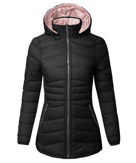 Women's Casual Quilted Reversible Detachable Hoodie Packable Puffer Jacket