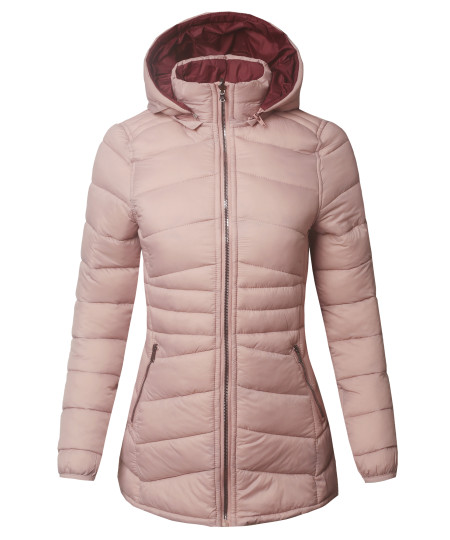 Women's Casual Quilted Reversible Detachable Hoodie Packable Puffer Jacket