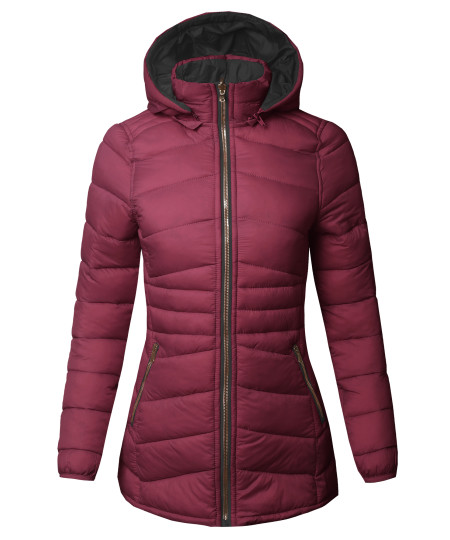 Women's Casual Quilted Reversible Detachable Hoodie Packable Puffer Jacket