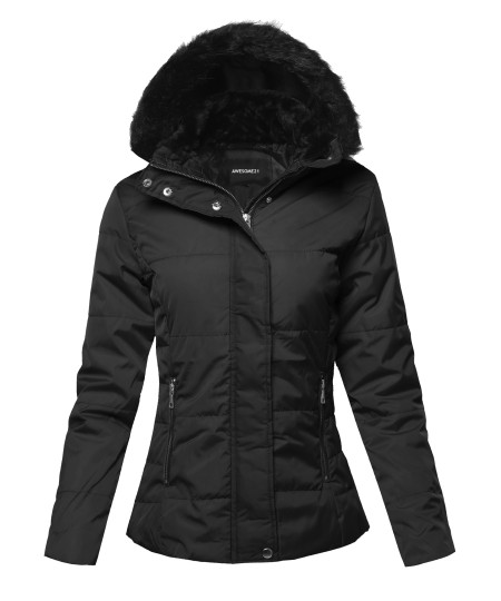 Women's Solid Casual Fur hooded Thicken Quilted outwear Jacket