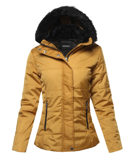 Women's Solid Casual Fur hooded Thicken Quilted outwear Jacket