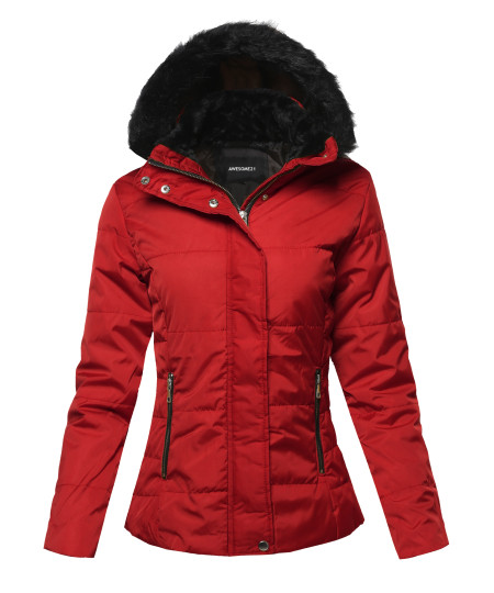 Women's Solid Casual Fur hooded Thicken Quilted outwear Jacket