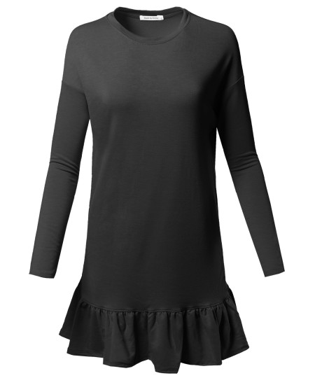 Women's Solid Basic Trendy Long Sleeve Frilly French Terry Dress