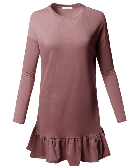 Women's Solid Basic Trendy Long Sleeve Frilly French Terry Dress