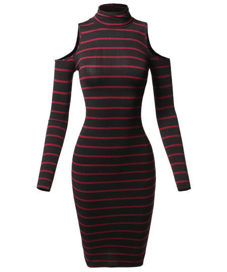 Women's Casual Striped Long Sleeve Mock Neck Cut Off Shoulder Midi Dress