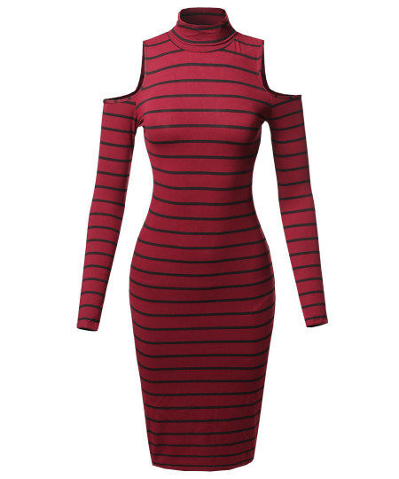 Women's Casual Striped Long Sleeve Mock Neck Cut Off Shoulder Midi Dress