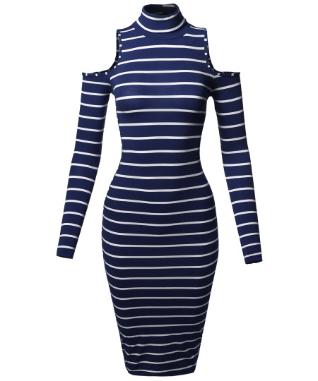 Women's Casual Striped Long Sleeve Mock Neck Cut Off Shoulder Midi Dress