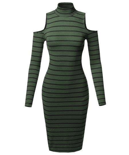 Women's Casual Striped Long Sleeve Mock Neck Cut Off Shoulder Midi Dress